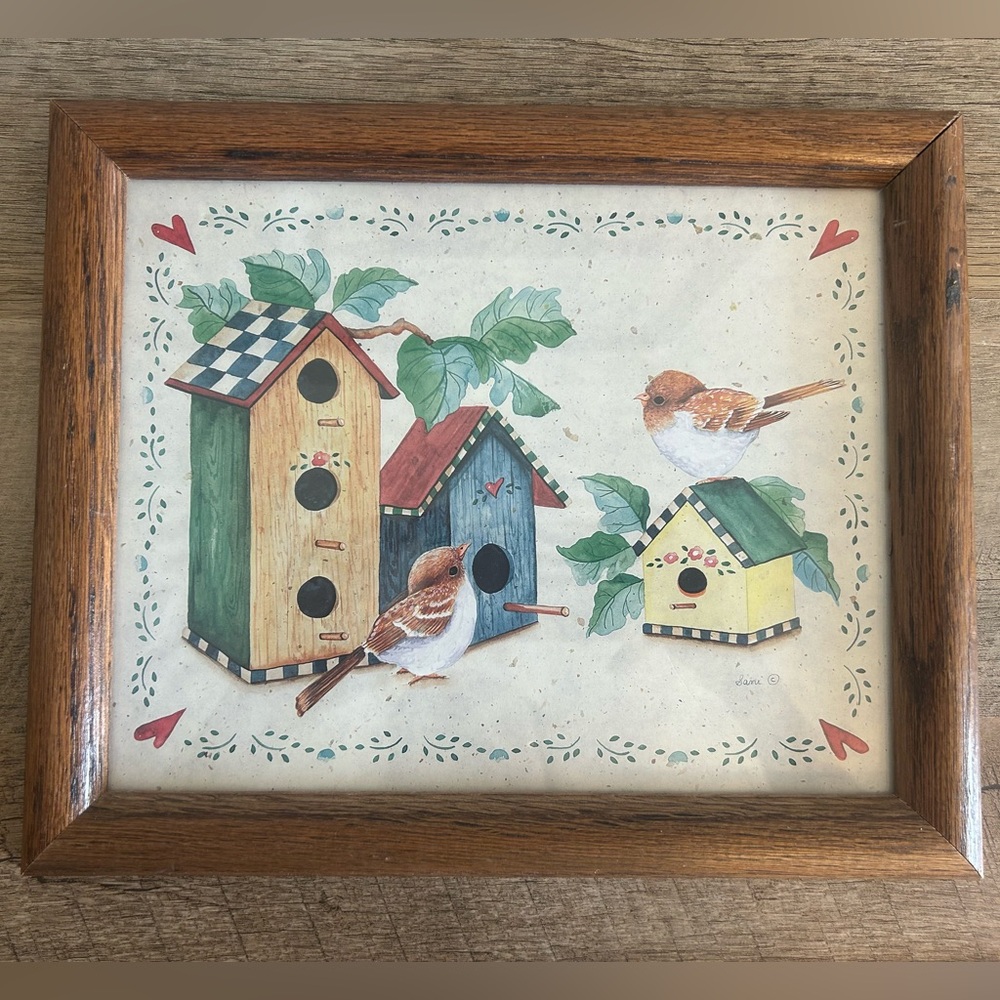 Blue Bird Art Print & Birdhouses 1999 Bernard Fine Art 8 x 10 Cottage 90s Framed